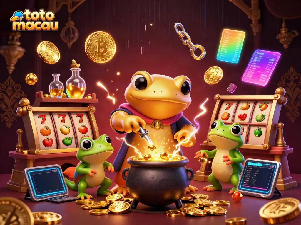 Visualisasi permainan toto macau yang penuh semangat dengan simbol slot dan karakter 3D interaktif.