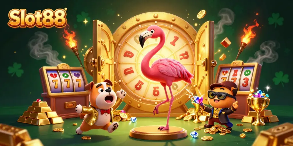 Win big with Slot88 in this vibrant casino scene featuring a flamingo host and exciting prizes.