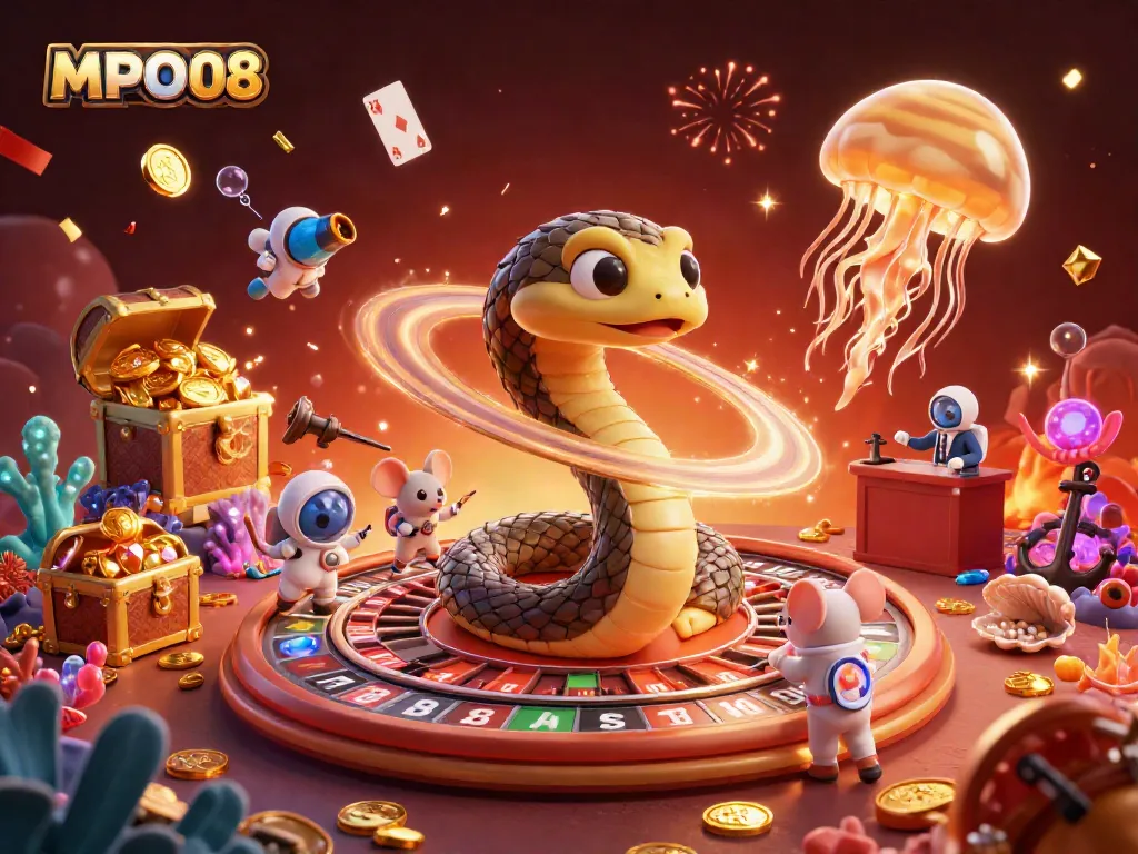 MPO08 cosmic casino scene with Saturn ring snake roulette, astronauts betting, and dynamic treasure elements.