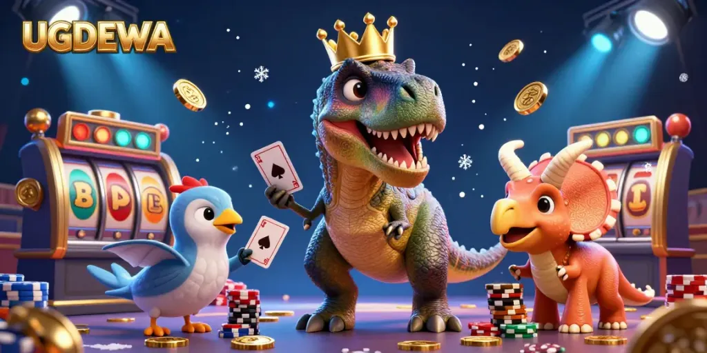 Engage with UGDEWA as the friendly T-Rex attempts to shuffle cards amidst golden chips in a vibrant casino scene.