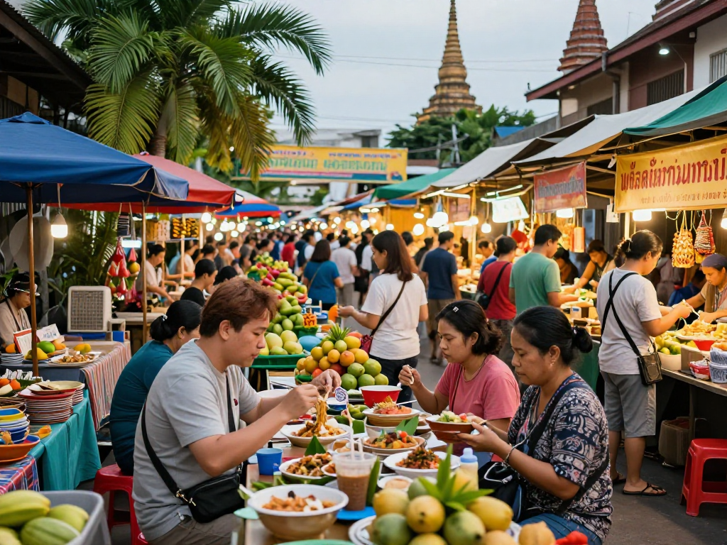 Pengunjung menikmati street food di pasar slot thailand, dengan kerumunan warna-warni dan makanan lokal yang menggugah selera.