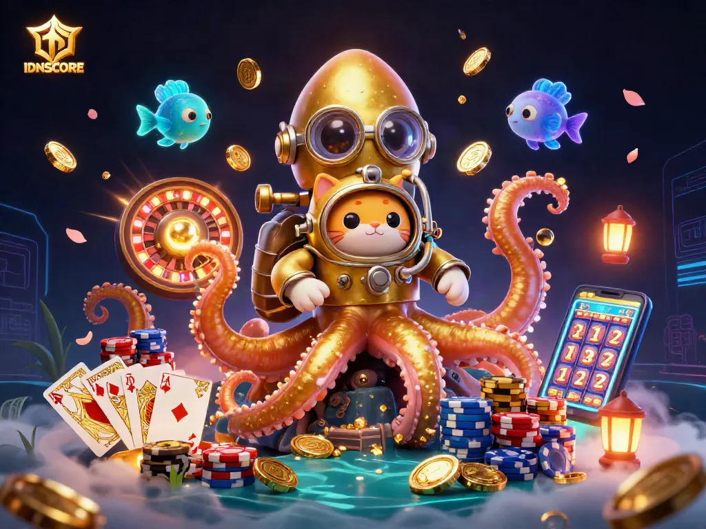 Experience IDNSCORE's thrilling world with a colossal kraken and diving cat amidst vibrant casino treasures.