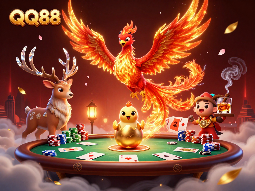 Experience the thrill of QQ88 with a 3D phoenix scene showcasing vibrant casino elements and dynamic action.