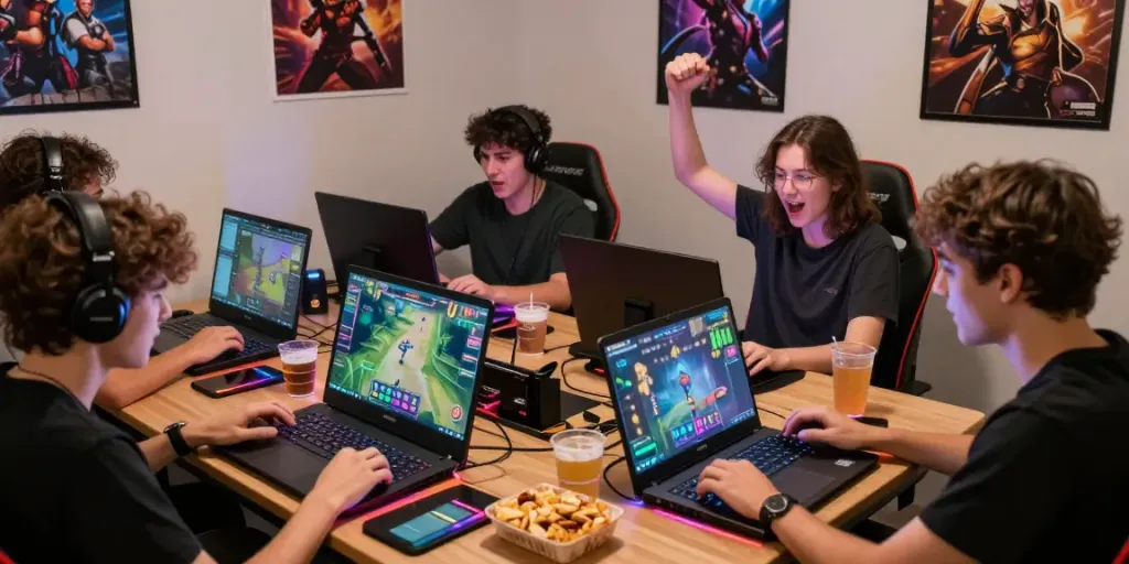 Exciting online gaming experience with akunjp platform, friends playing on laptops and tablets.