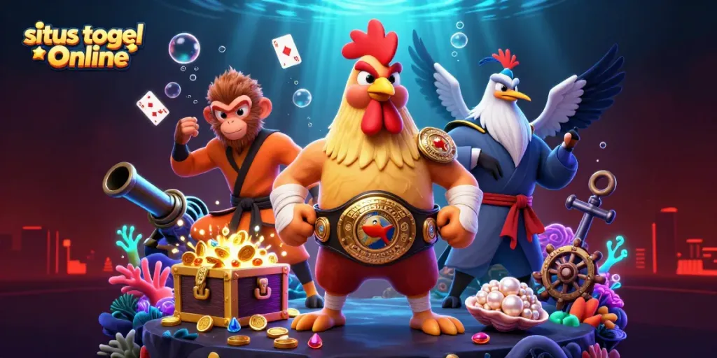 Gambarkan situs togel online dengan karakter ayam Muay Thai melakukan pertarungan dengan elemen permainan menarik.