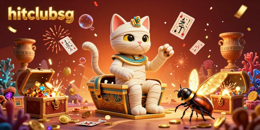 Experience the excitement of hitclubsg with a dazzling Egyptian theme, featuring a mummy cat and treasures.