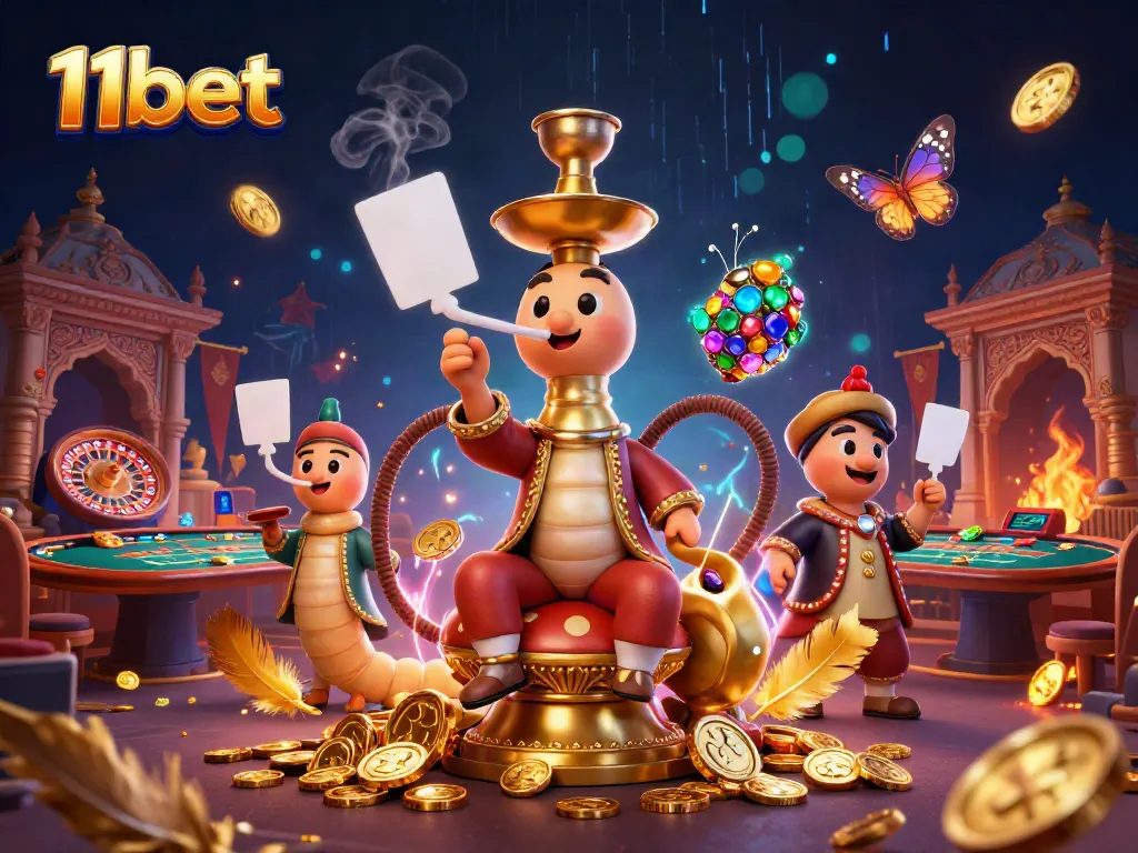 Immerse in the vibrant 11bet casino scene with a 3D cartoon caterpillar masterfully interacting with poker symbols.