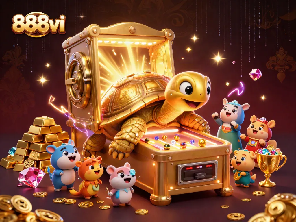 Engage in thrilling gameplay at 888vi with vibrant 3D illustration showcasing a colossal pinball tortoise and treasure.