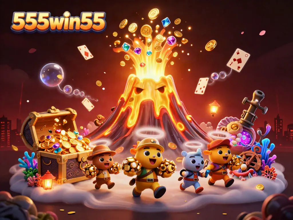 Engage with the treasures of 555win55 as a golden volcano erupts riches in a dynamic casino-themed 3D scene.