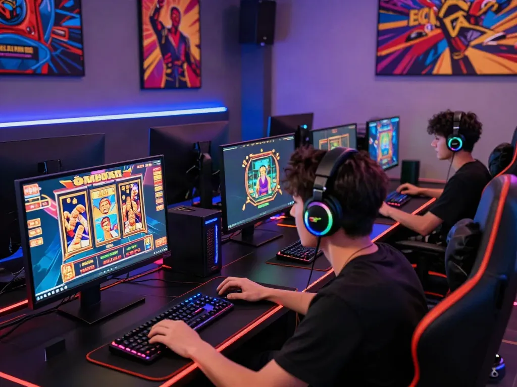 Exciting gaming setup showcasing QQMacan with vibrant screens and gaming gear.