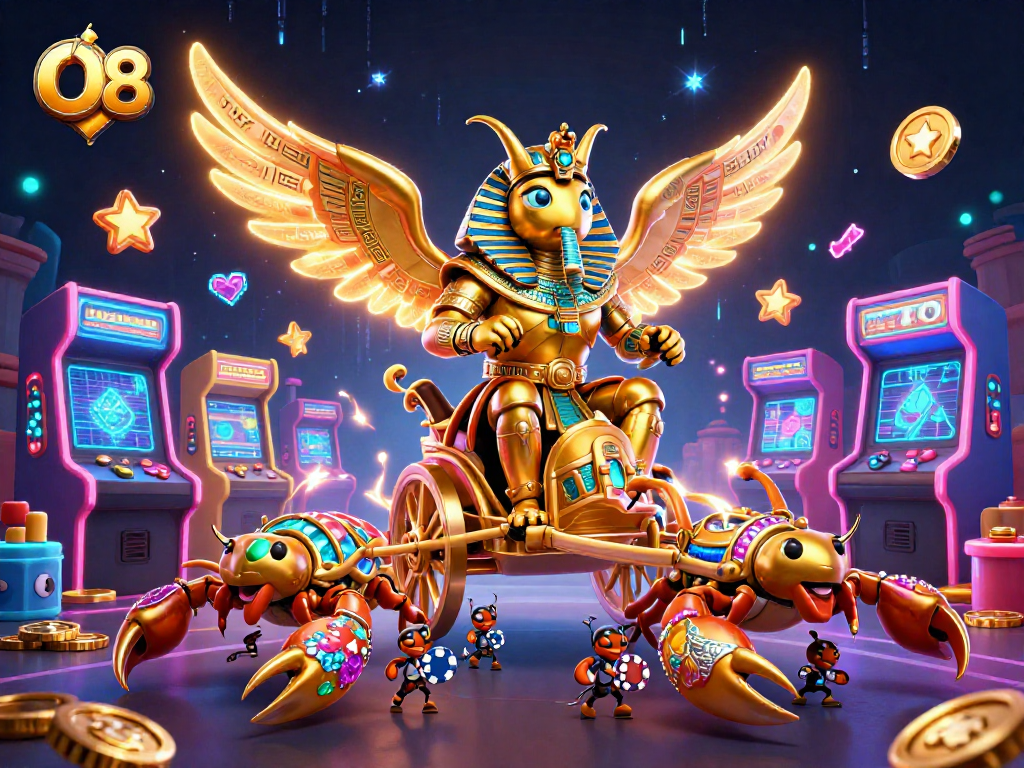 Engage in thrilling gameplay with O8's vibrant casino scene featuring a golden beetle and scorpions.