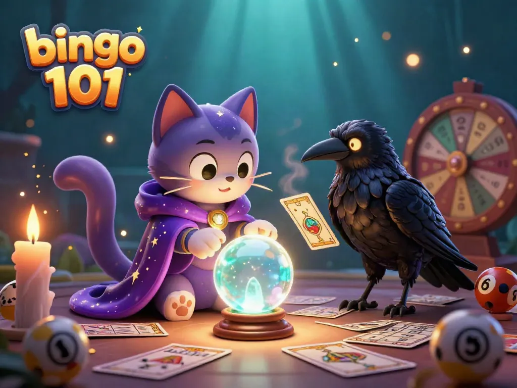 Play exciting bingo 101 games with our animated fortune teller cat and raven in an engaging scene.