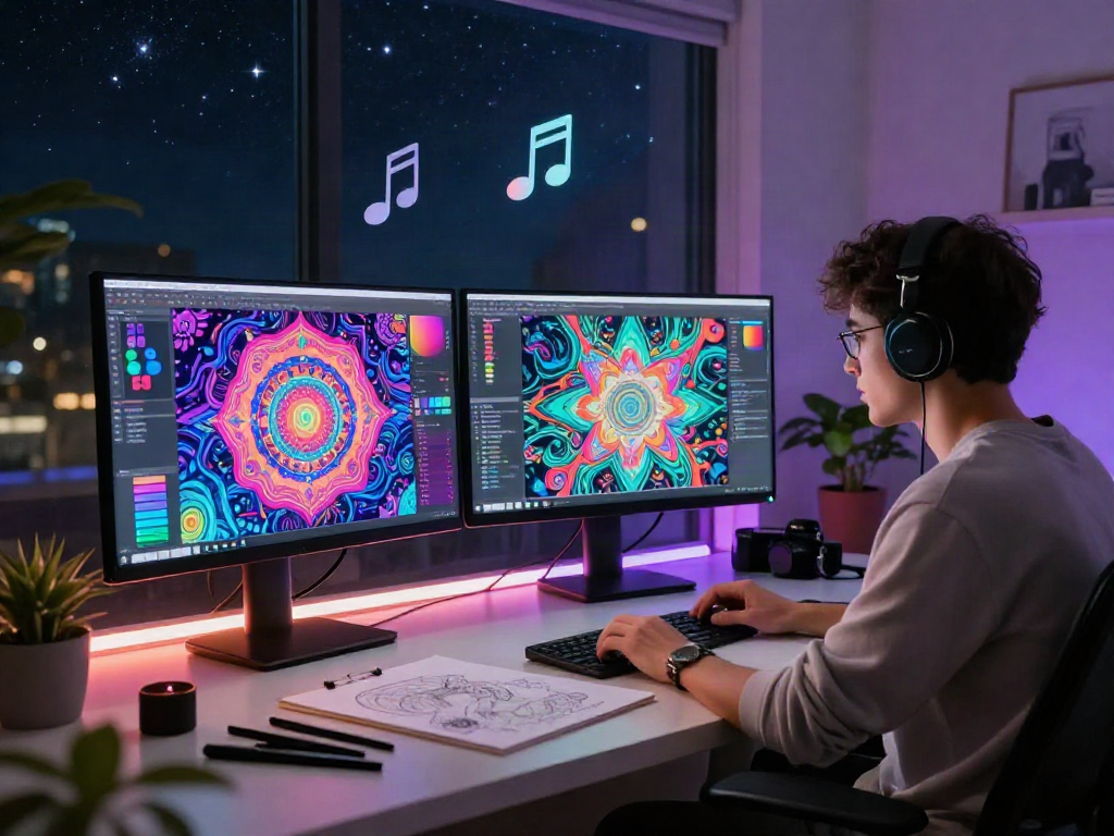 Creative artist immersed in digital art creation with a porn ai generator at a modern workspace.