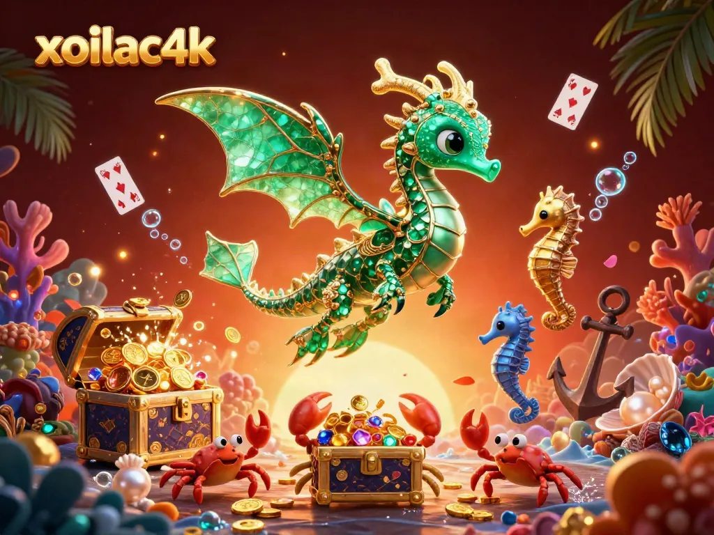 Xoilac4k showcases a lively underwater scene with a sea dragon, treasure chest, and vibrant casino elements.