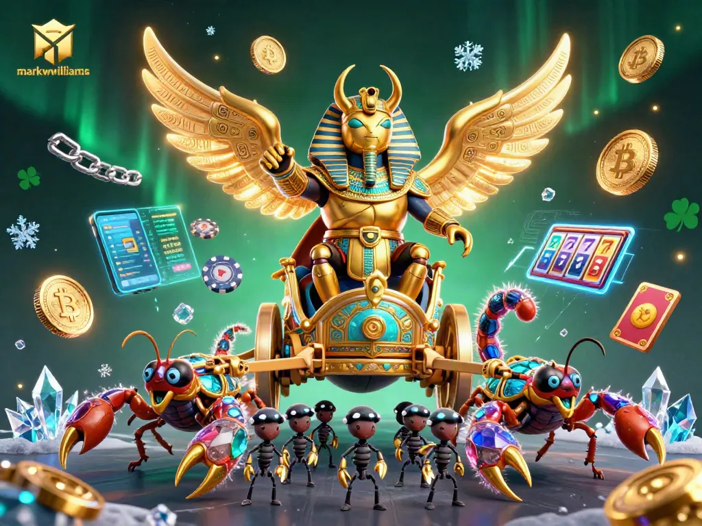Experience excitement with markwwilliams as a colossal golden scarab leads a vibrant casino battle.