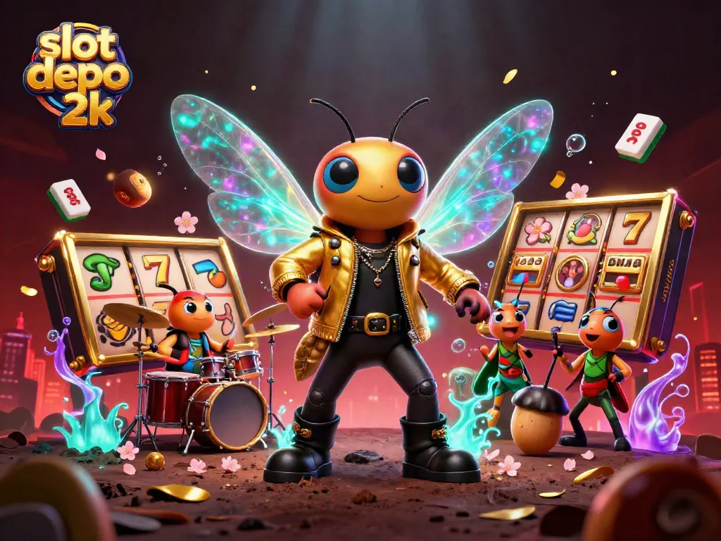 Engage with the thrilling slot depo 2k experience featuring a vibrant, energetic 3D casino scene.