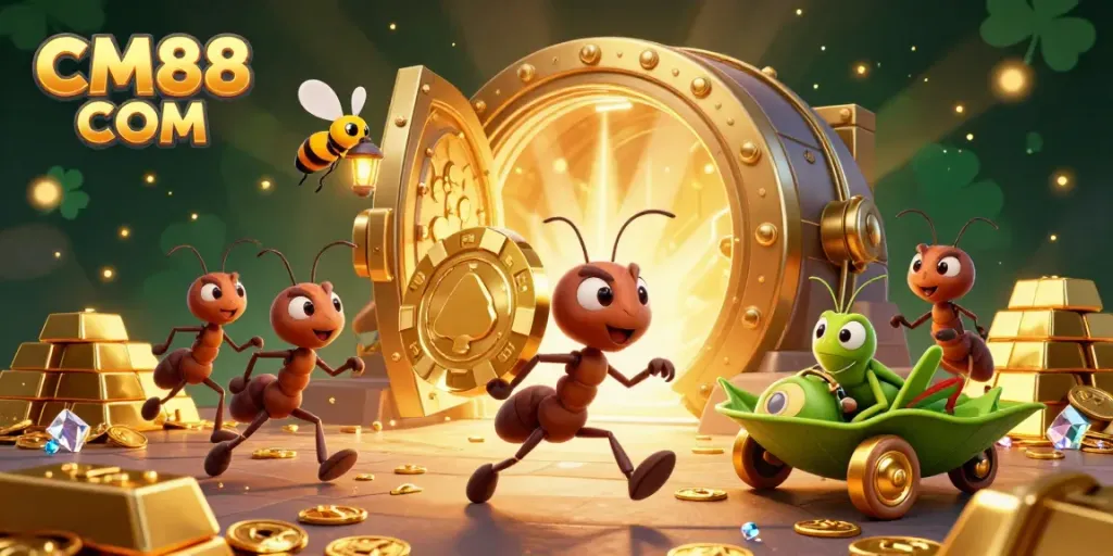 Ants in a heist carrying a poker chip at CM88 COM treasure vault filled with gold and jewels.
