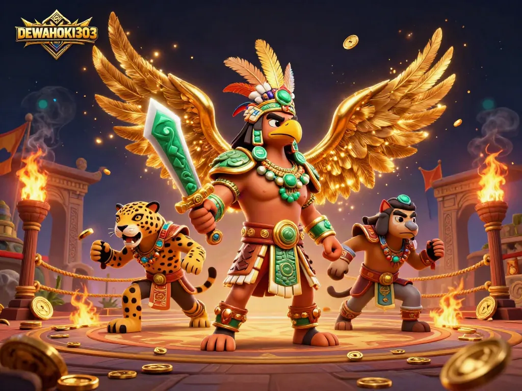 DEWAHOKI303 menghadirkan ilustrasi menarik dengan pejuang Aztec berperang di arena slot online.
