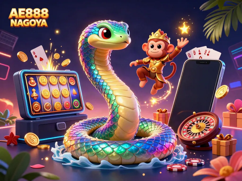 Engage in exciting gameplay at AE888 NAGOYA with vibrant casino elements and lively characters.