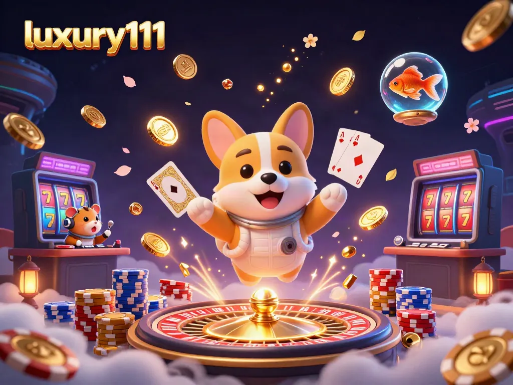 Experience excitement at luxury111 with a floating corgi, coins, and casino elements in a vibrant space!