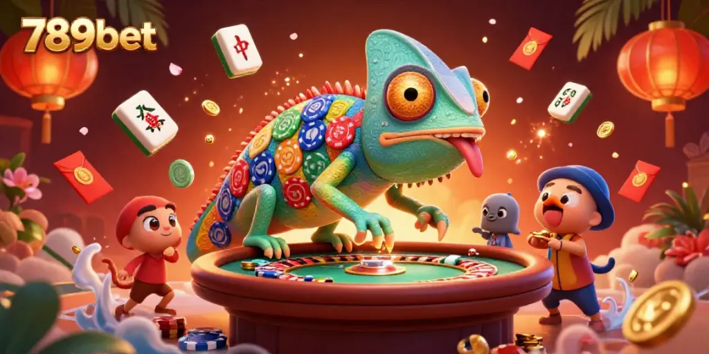 Experience the vibrant energy of 789bet's virtual casino with a colorful chameleon engaging players.