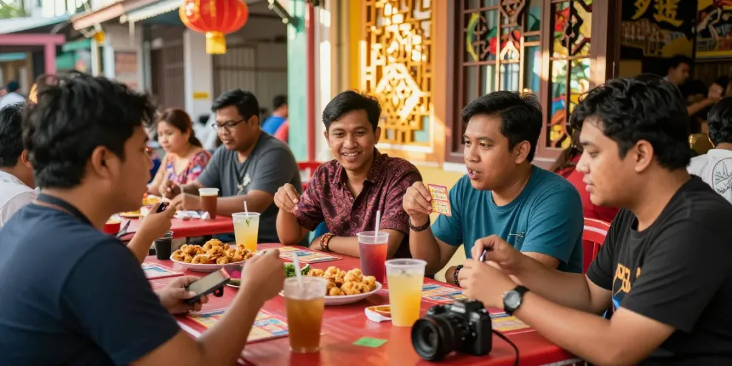 Nyonya 4D gaming scene with players enjoying snacks and cultural decor