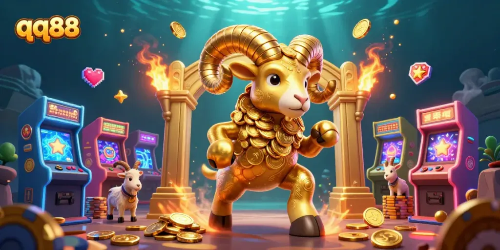 Experience thrilling gambling with qq88, featuring golden ram and vibrant casino elements in a dynamic scene.