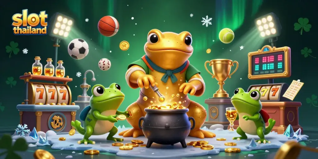Engage in the thrilling world of slot Thailand with a vibrant 3D casino scene filled with gold and excitement.