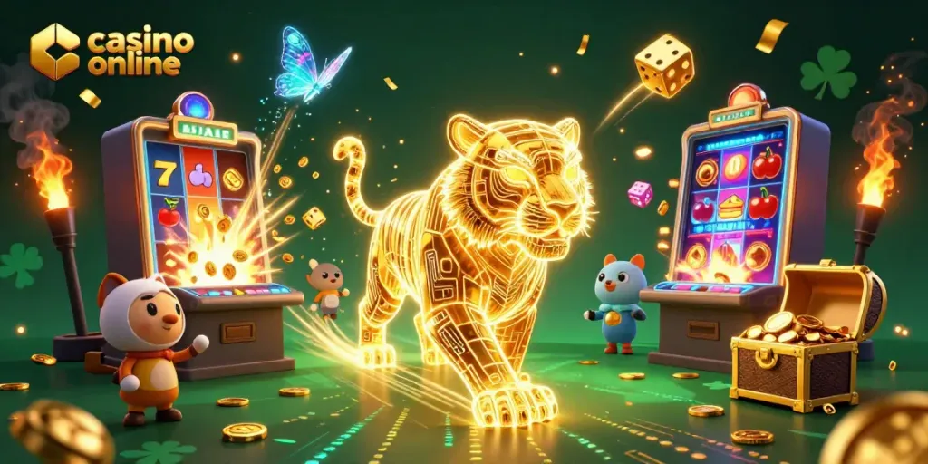 Menangkan permainan di casino online dengan simbol slot neon dan peti harta karun berlimpah di latar belakang