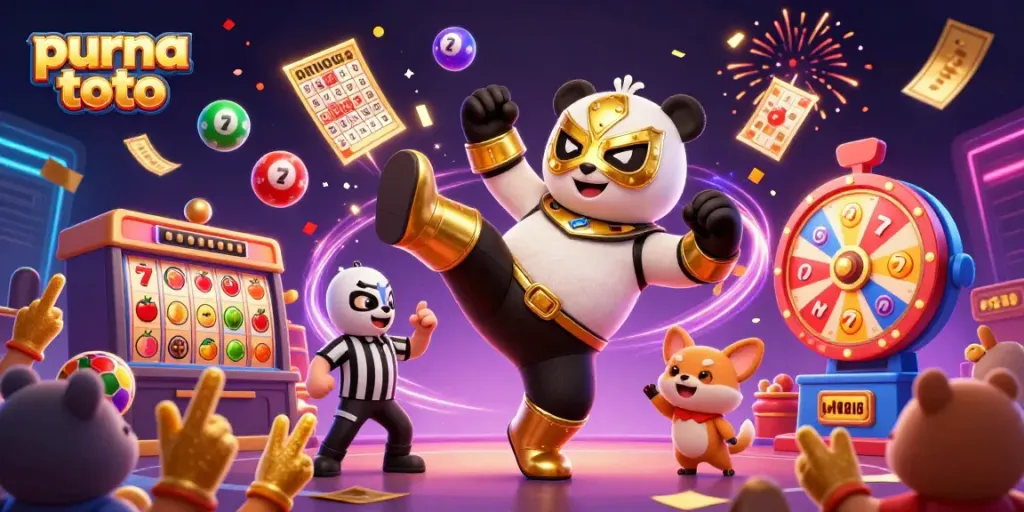 Momen seru dari purna toto di permainan slot, dengan panda pegulat terbang dan penonton hewan bersorak.