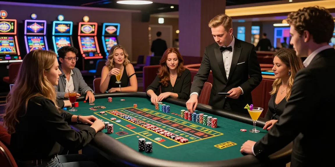 Experience the excitement of harga toto at a vibrant gaming hall, friends enjoying roulette amidst bright lights.