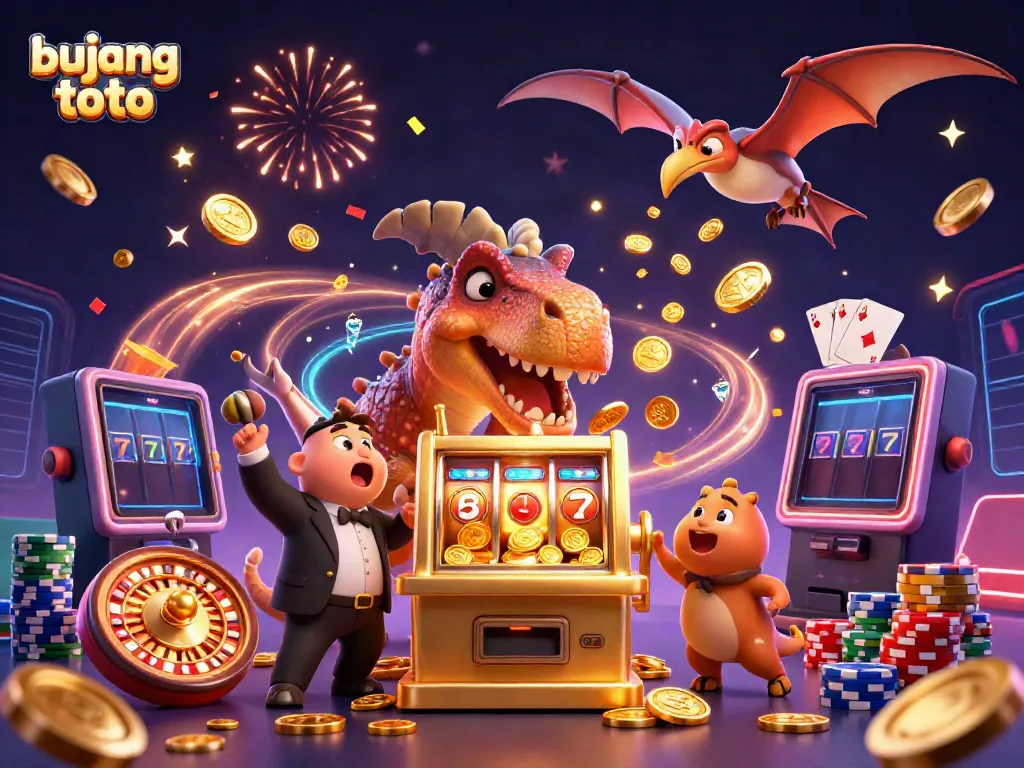 Experience the excitement of bujang toto as cartoon dinosaurs energize a casino scene with jackpots and coins.