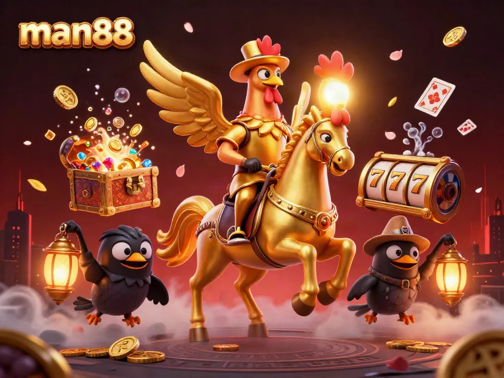 Experience the excitement of man88 with a dynamic scene featuring a golden rooster and magical casino elements.
