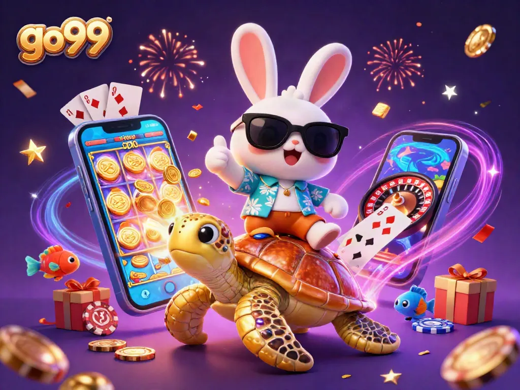 Play exciting slot games on go99 with a magical scene featuring a lucky rabbit and golden turtle.