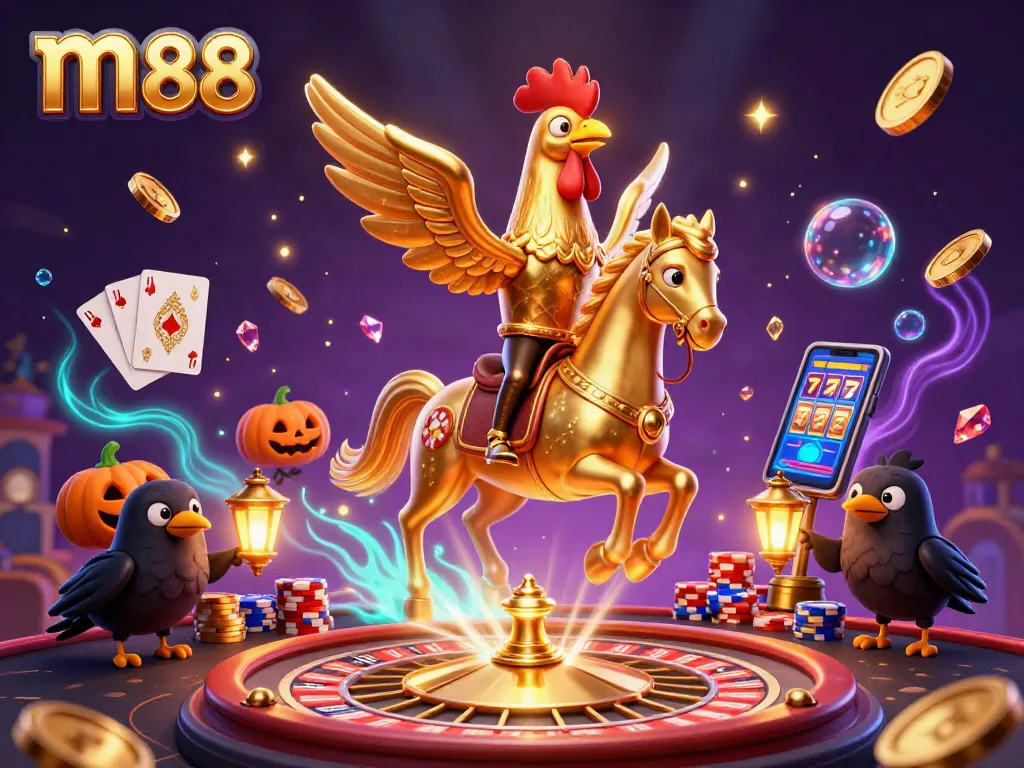 Experience thrilling m88 casino adventures with a golden rooster and crow companions in a vibrant, magical setting.