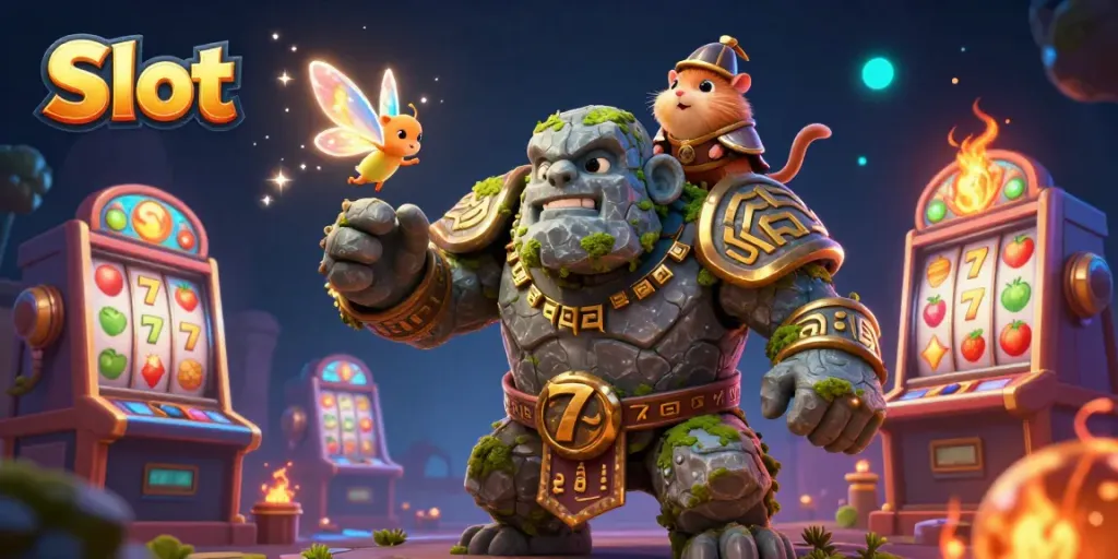Spin the Slot reels with vibrant characters in a dynamic casino atmosphere filled with magic.