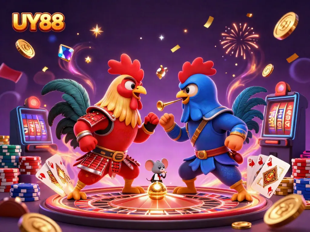 Experience exciting moments at UY88 with thrilling roosters in battle amidst shining casino elements.