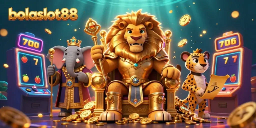 Spin to win with bolaslot88's thrilling slot experience featuring a lion king, elephant advisor, and cheetah messenger.