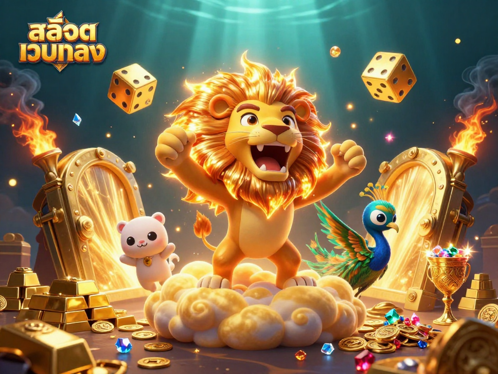 Players engage with exciting สล็อตเว็บตรง slots amidst a vibrant casino scene with gold and jewels.
