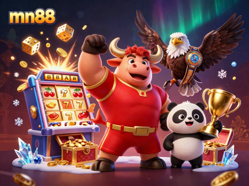 Experience thrilling games at mn88, where a joyful panda, a bull mascot, and an eagle celebrate a jackpot win.