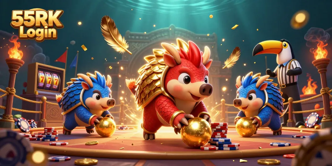 Experience thrilling gameplay with the 55RK Login as rival pangolins battle with poker chips in this dynamic casino scene.