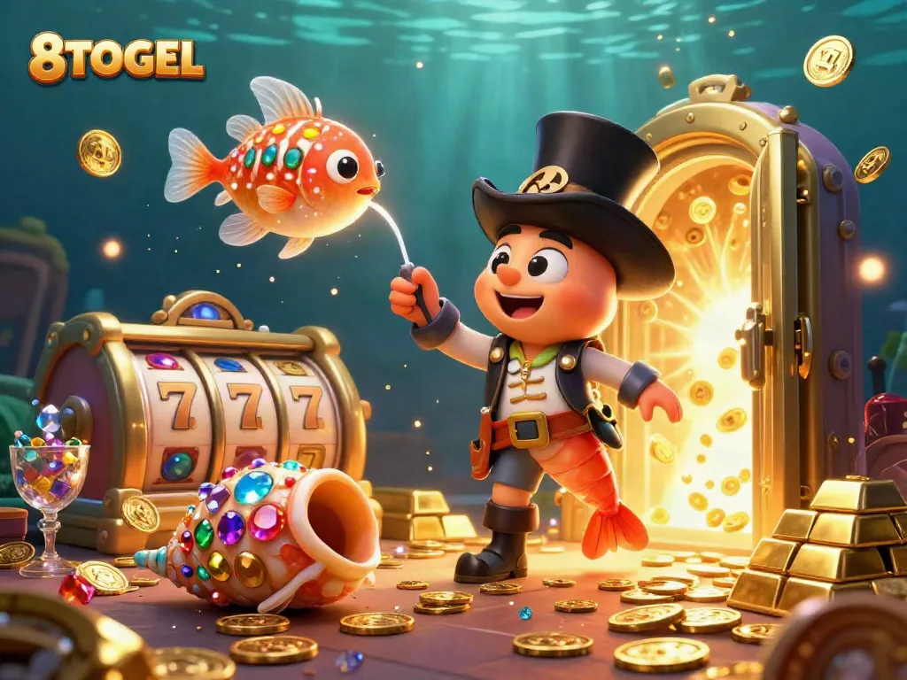 Join the action at 8TOGEL with a lively underwater casino scene featuring games and treasures.