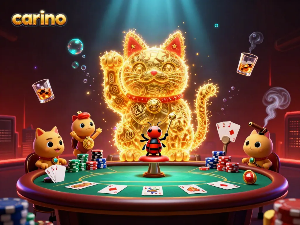 Experience the magic of Carino with a lively lucky cat and poker elements in a dynamic casino scene.