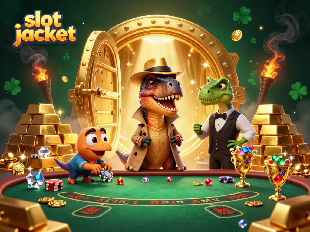 Experience the thrill of slot jackpot with dynamic characters and rich casino elements in this colorful illustration.
