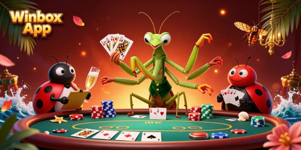 Experience the Winbox App with vibrant casino characters dealing cards and celebrating in a dynamic atmosphere.