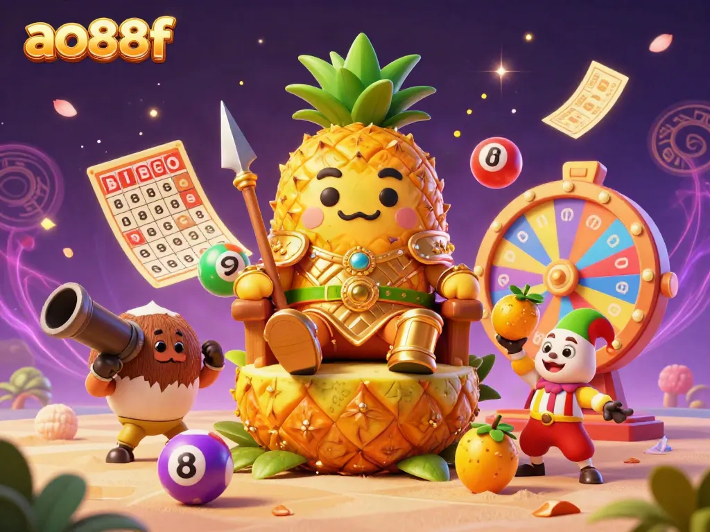 Experience the vibrant environment of ao88f, where the golden pineapple king reigns amidst colorful casino elements.