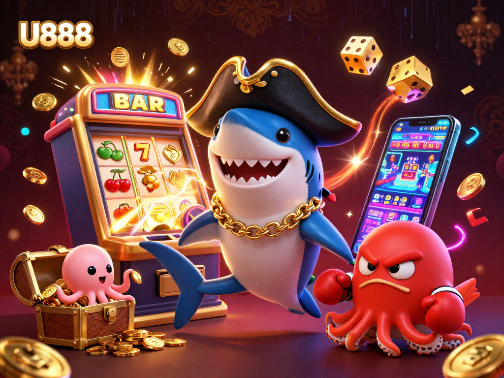 Engage in thrilling U888 gameplay with a fun pirate shark, a pufferfish, and an octopus amidst vibrant casino elements.