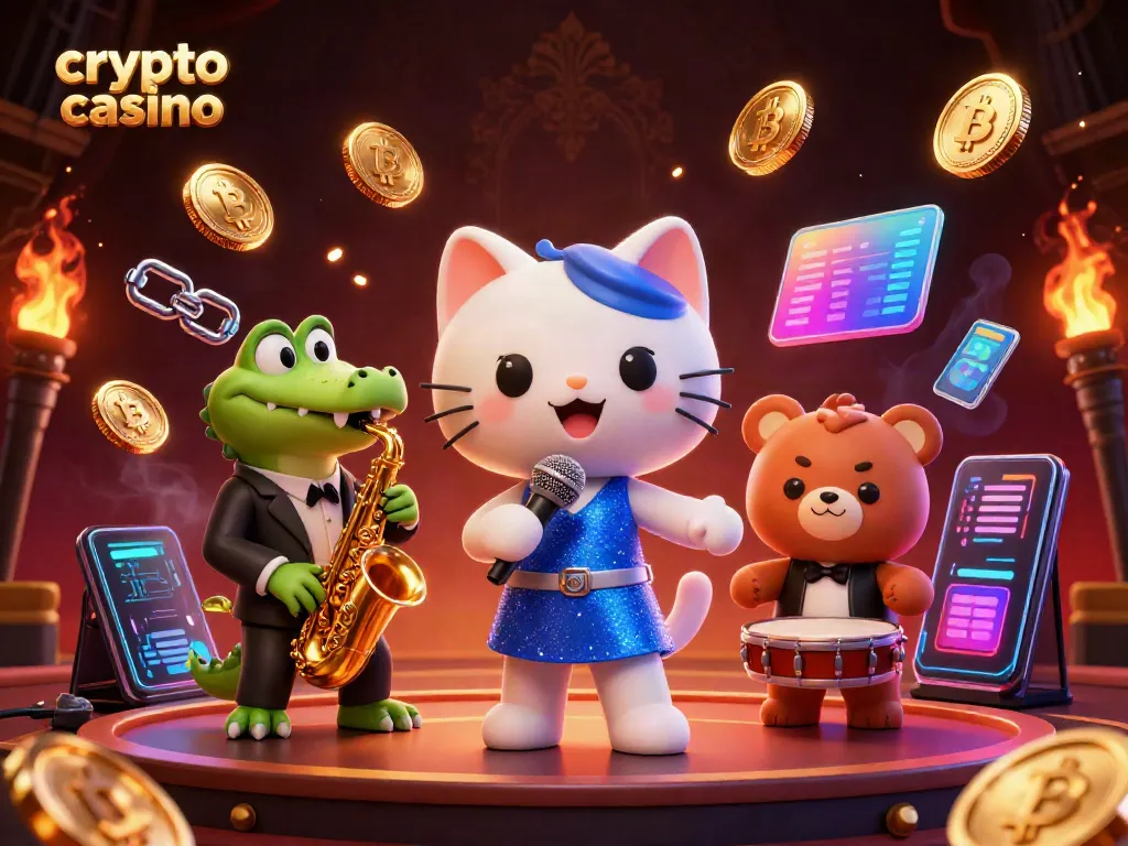 Experience the excitement of a crypto casino with vibrant characters and dynamic gaming elements scattered throughout.
