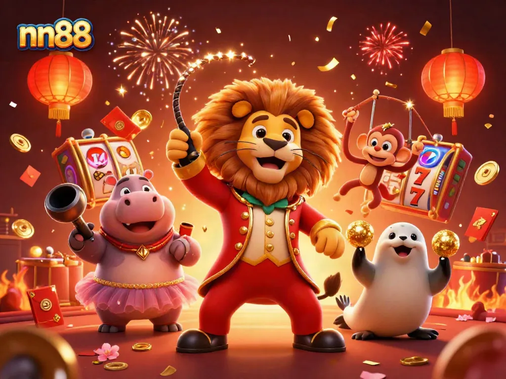 Win big with nn88 in a vibrant casino-themed illustration featuring lively characters and slot elements.