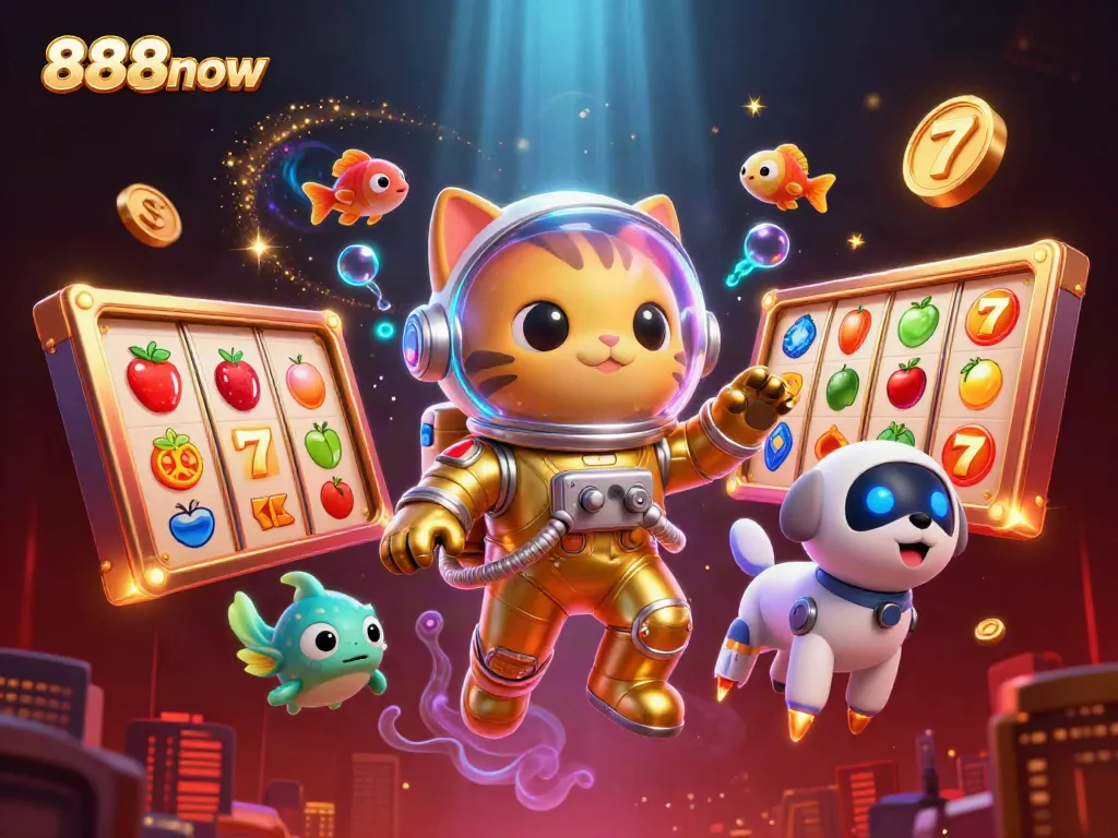 Experience thrilling gameplay at 888now with vibrant slot machines, joyful gold coins, and dynamic gaming elements.